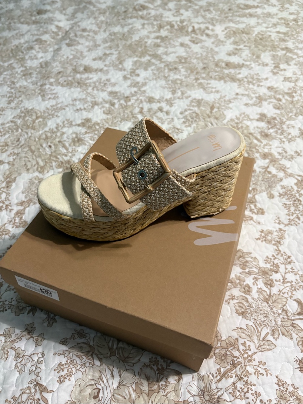 Miracle Miles Natural Raffia Platform Wedge with Buckle